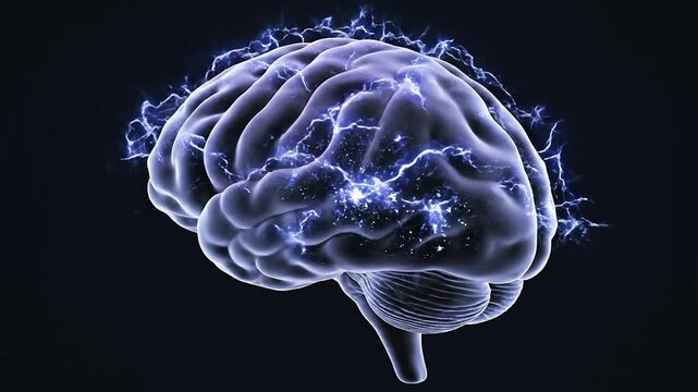 Realistic Isolated Brain With Electric Impulses Floating In Dark Background Ideal For Neuroscience And Medical Technology Concepts