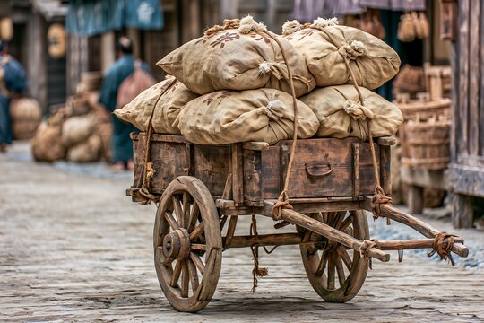 An old wooden cart loaded with burlap sacks on a cobblestone street in a traditional village