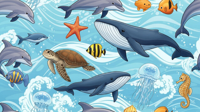 Seamless cartoon marine life pattern featuring whales, dolphins, sea turtles, and jellyfish. Bright blue aquatic illustration for children's fabric and wallpaper. AI Generated.