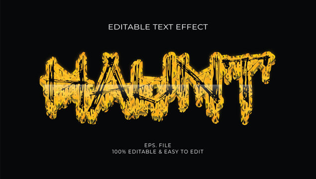 Haunt editable text effect vector, spooky fiery flame border font style with scratchy dark texture on black background