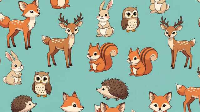 Cute cartoon forest animal seamless pattern featuring fox, deer, rabbit, owl, squirrel, and hedgehog on teal background. AI generated nursery wallpaper and textile design.