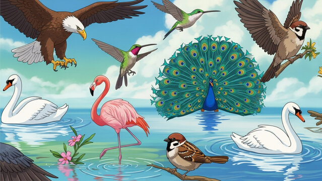 Vibrant bird species collection illustration featuring bald eagle, peacock, flamingo, and swans in a sunny lake landscape, AI generated digital art.