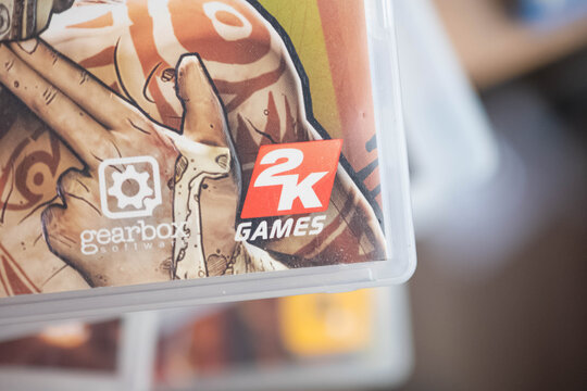 2K games, game developer logo on used playstation game box, copy space background image physical game, market collectors, second hand