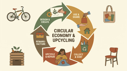 Fototapeta premium Circular Economy and Upcycling Cycle Diagram Sustainable Production Reuse and Repair