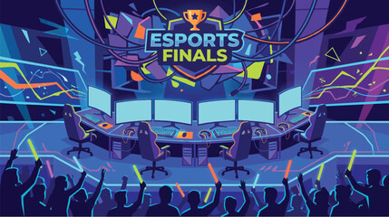 Esports Finals Arena Stage Concept with Computer Stations Trophy and Cheering Audience © ElcinSoft