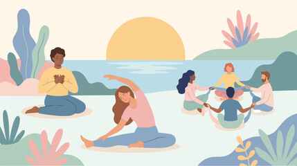 Obraz premium Group Yoga and Meditation Session outdoors near Lake at Sunset for Mental Health