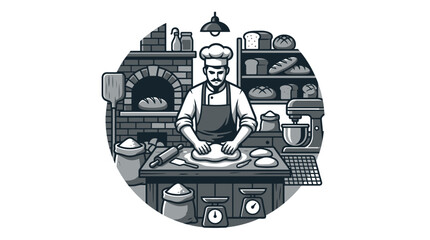 Fototapeta premium Baker preparing dough in a rustic kitchen with brick oven and baked goods