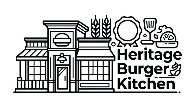 Burger restaurant building with food icons and text elements