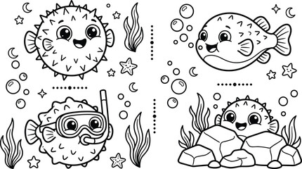 Cute Puffer Fish Coloring Page Collection with Cartoon Blowfish Underwater Sea Life Characters for Kids Activity Book and Educational Designs © Priyanka