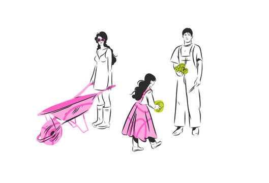 Hand drawn vector graphic sketch line illustration set with various people involved in gardening and watering .Gardening concept vector graphic illustration line art. Cute garden person drawing