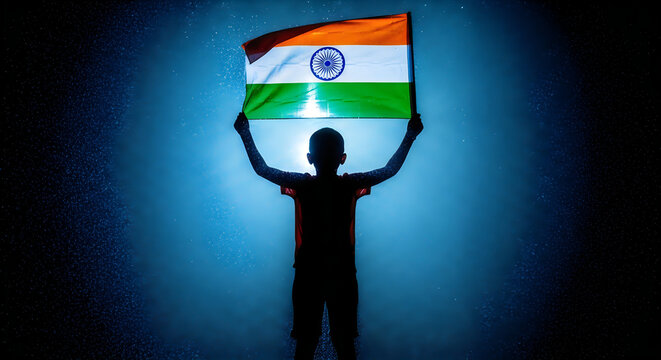 Indian flag celebration with raised hands at night. Patriotic silhouette holding tricolor against dark dramatic sky backdrop.