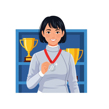 Female Fencer with Silver Winner Medal