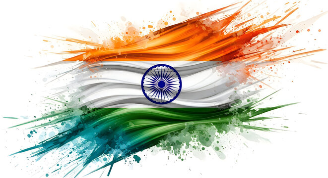India national flag waving in vibrant celebration. Digital illustration of Indian tricolor with Ashoka Chakra for patriotic events and global brand...