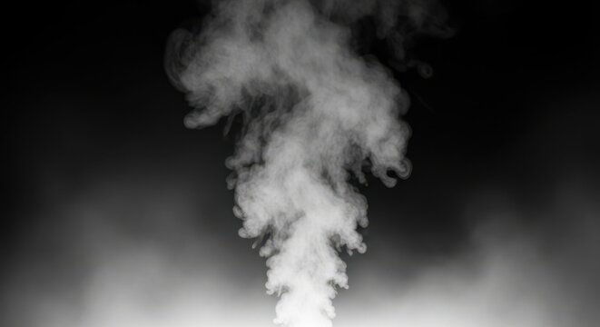 Wispy white smoke billows upwards against a stark black background