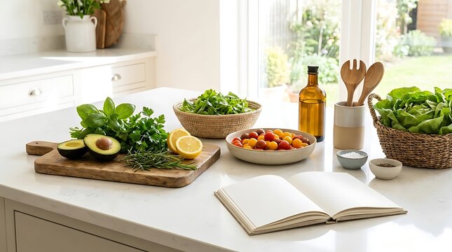 Fresh salad ingredients and an open recipe book on a kitchen counter. first recipe guide