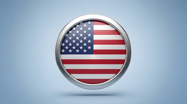 3d render of a glossy circular united states flag badge with metallic silver border