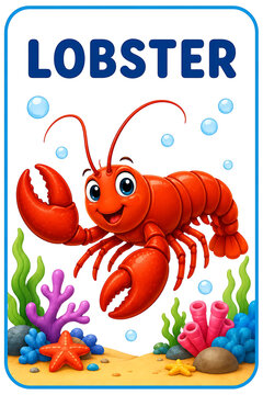 Cute Cartoon Lobster Underwater Illustration for Kids Educational Water Animal Flashcards