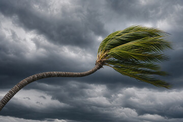 Lone palm tree bent nearly horizontal by wind with fronds streaming sideways. © Steve