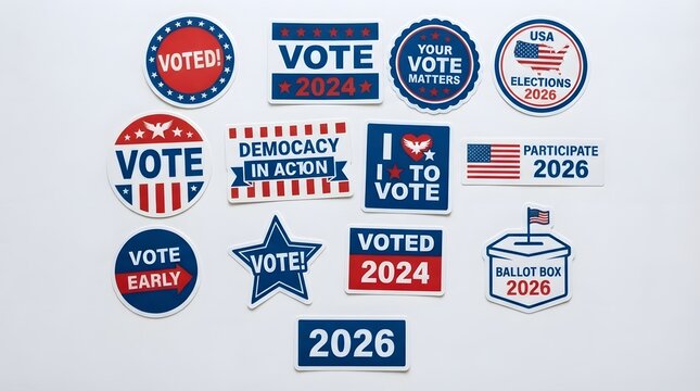 Collection of various patriotic voting and election themed stickers isolated on white background