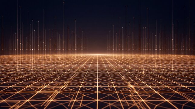 Abstraktes leuchtendes Gitter aus Linien in warmen Bernstein T&ouml;nen als futuristischer Technologie Hintergrund