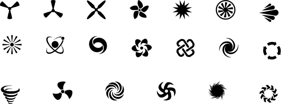 Isolated Minimalist black abstract icons set, 21 geometric spiral and propeller symbols, modern graphic design elements for branding and logo creation ,Clean grouped each Icon