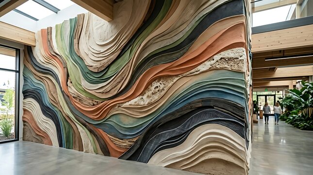 Vibrant abstract wall art installation indoors.