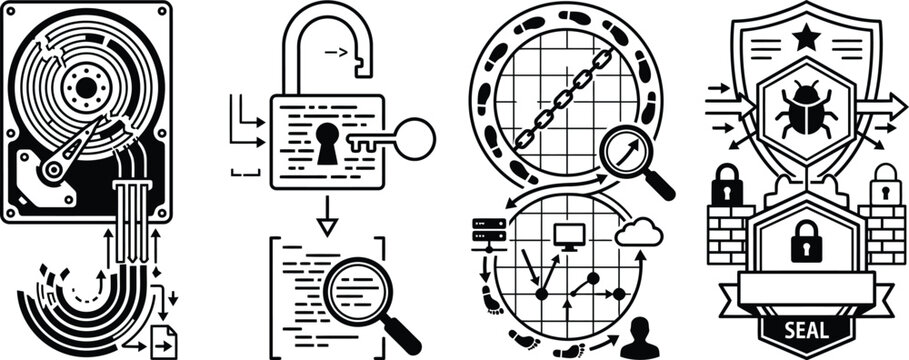 Cybersecurity Icons Depicting Data Protection, Encryption, Network Security, and Digital Safety with Locks, Shields, and Magnifying Glasses