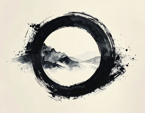 Enso zen circle sumi-e ink brush minimalist japanese art with copy space