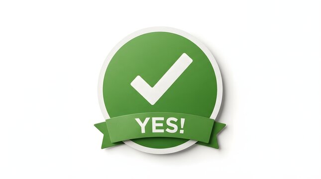 Green check mark button with yes ribbon isolated on white background