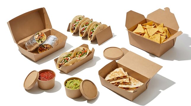 Set of mexican food takeout in paper boxes with tacos nachos and quesadillas. mexican takeout