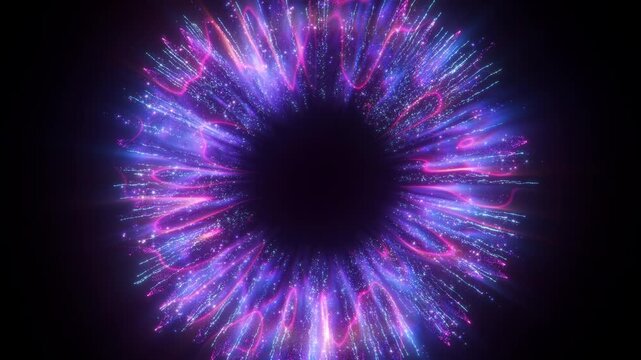 4K Purple Particle Explosion with Glowing Sparkles and Light Rays. Abstract Motion Graphics Background Video, 2160p