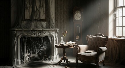 Obraz premium Armchair sits beside a fireplace covered in thick spiderwebs within a dusty, abandoned Victorian room.