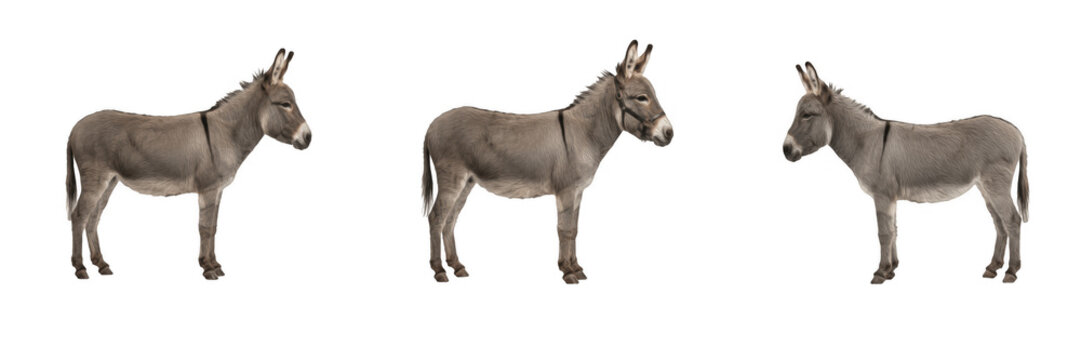 Domestic donkeys and cute gray burros standing isolated on white background farm animal photography elements