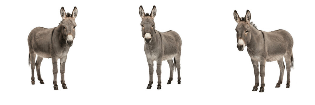 Domestic donkeys and cute gray burros standing isolated on white background farm animal photography elements