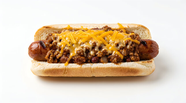 Chili cheese hot dog with toppings on wooden board fastfood scallions appetizer delicious restaurant