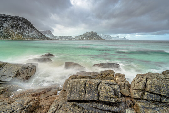 Last sunlight glowing over rocky coast at Vik Strand Beach