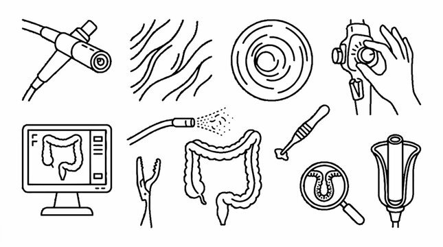 A collection of medical line art icons representing colonoscopy and endoscopic procedures.