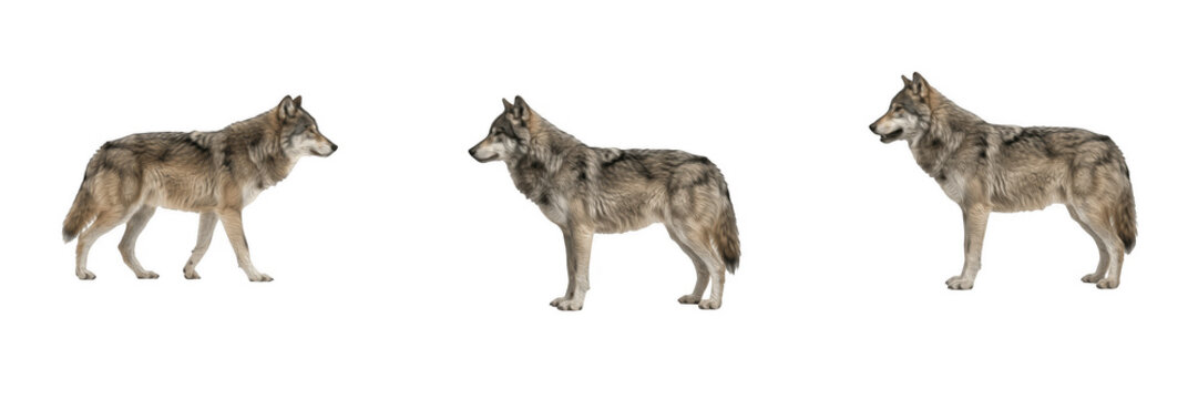 Wild gray wolves and timber predators standing isolated on white background wildlife photography elements