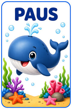 Cute Whale Water Animal Flashcards for Kids Educational Learning Illustration