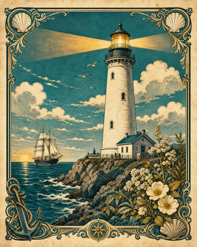 Vintage Chromolithograph Lighthouse Coastal Scene for Maritime Print Design