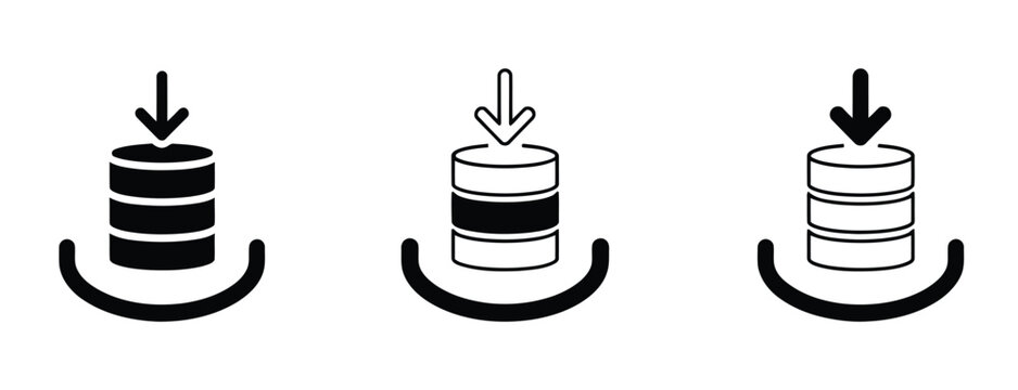 Database download and data backup vector icon set with server storage stack, downward arrow, and cloud hosting tray for computer network technology, information saving, and digital archiving in UI UX 