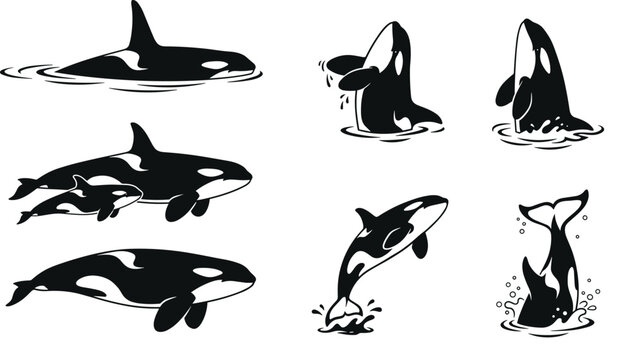 Orca whale collection featuring killer whales swimming, breaching, diving, and surfacing in the ocean, marine wildlife vector illustration set