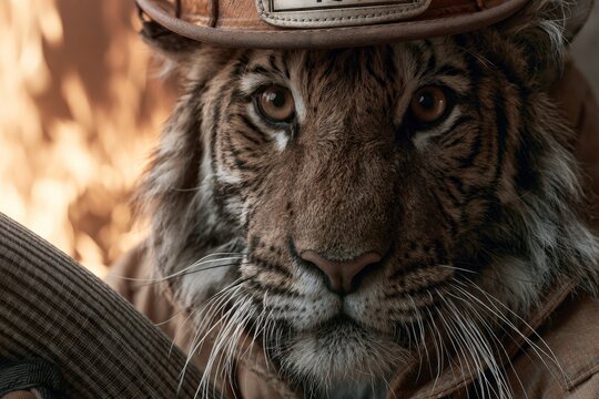 Tiger wearing firefighter helmet with flames in background
