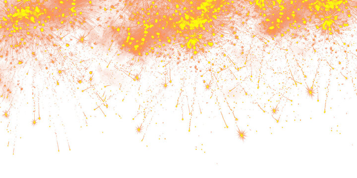 Bright Yellow and Orange Abstract Firework Splashes and Sparklers Border Isolated on Transparent Background