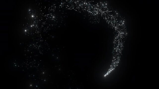 4K Flight of silver bokeh particles. Light magic sparkling glitter white. On black isolated background. sparkles crossing particles dust silver shining. Christmas, event, year new, anniversary, birthd