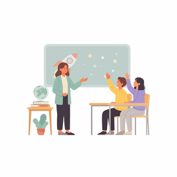 Modern classroom education vector, teacher giving science lesson to students, elementary school learning environment with chalkboard and globe