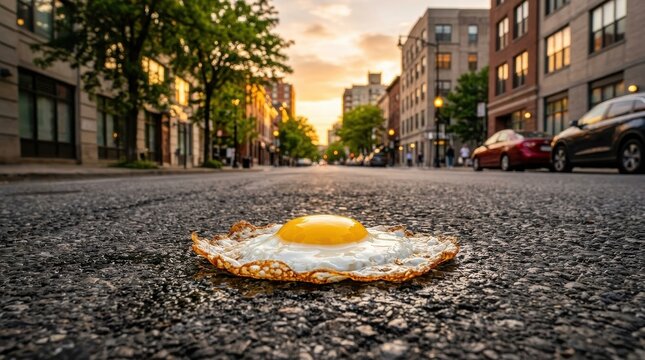 Fried egg on the street at sunset with urban cityscape , El Ni&ntilde;o