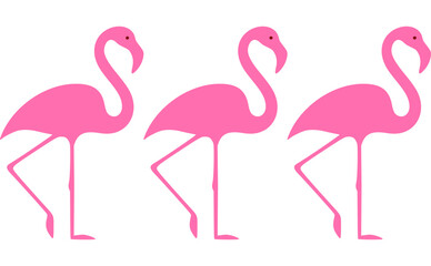 Obraz premium Set of three flat pink flamingo silhouettes, elegant tropical birds, minimalist summer nature illustration.