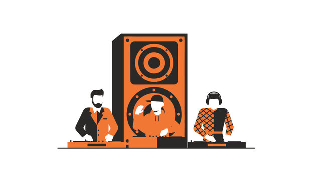 Three DJs wearing headphones performing at a sound system console with a giant orange speaker on a neutral background.