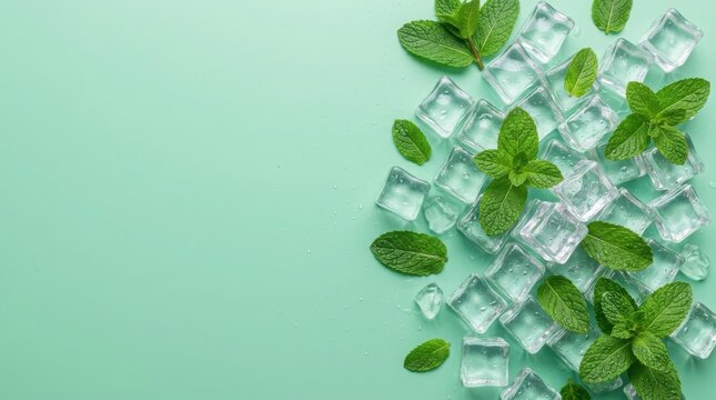 Refreshing mint leaves and ice cubes on a green background for summer drinks , El Ni&ntilde;o